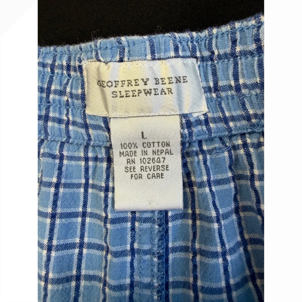 Geoffrey Beene Mens Pajama Pants Large Blue White Check 100% Cotton Lounge Sleep